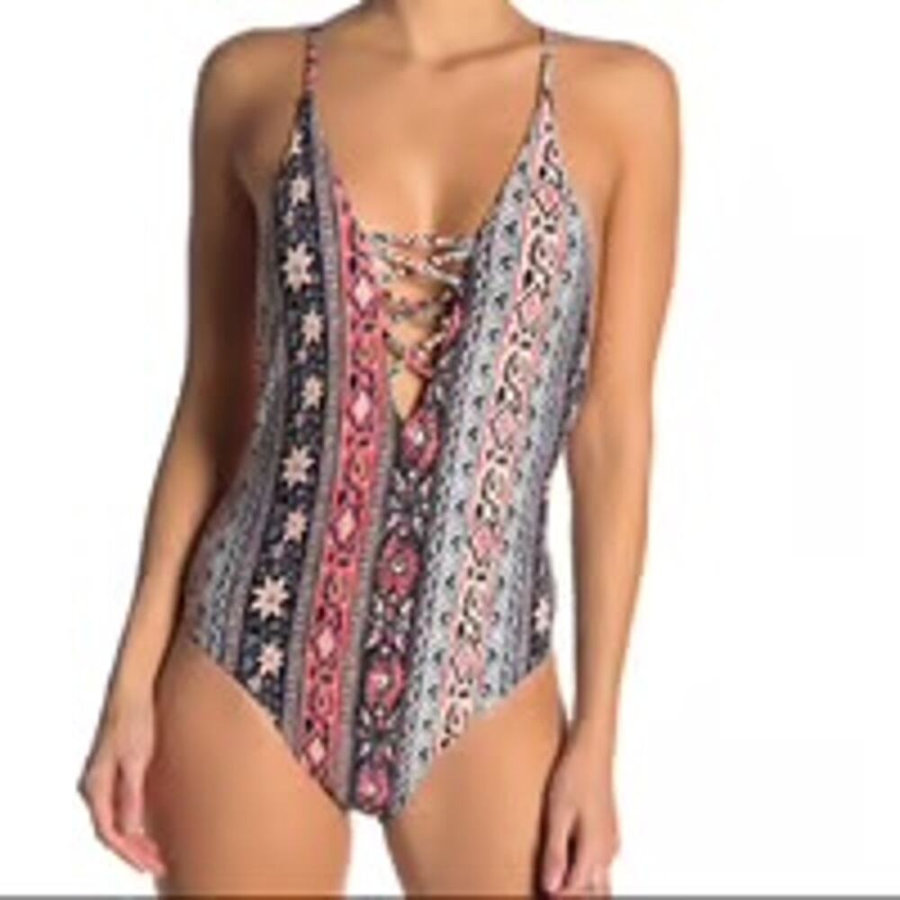 Billabong Moon Dancer Lace-Up One Piece Swimsuit Women's M Multi Boho Print